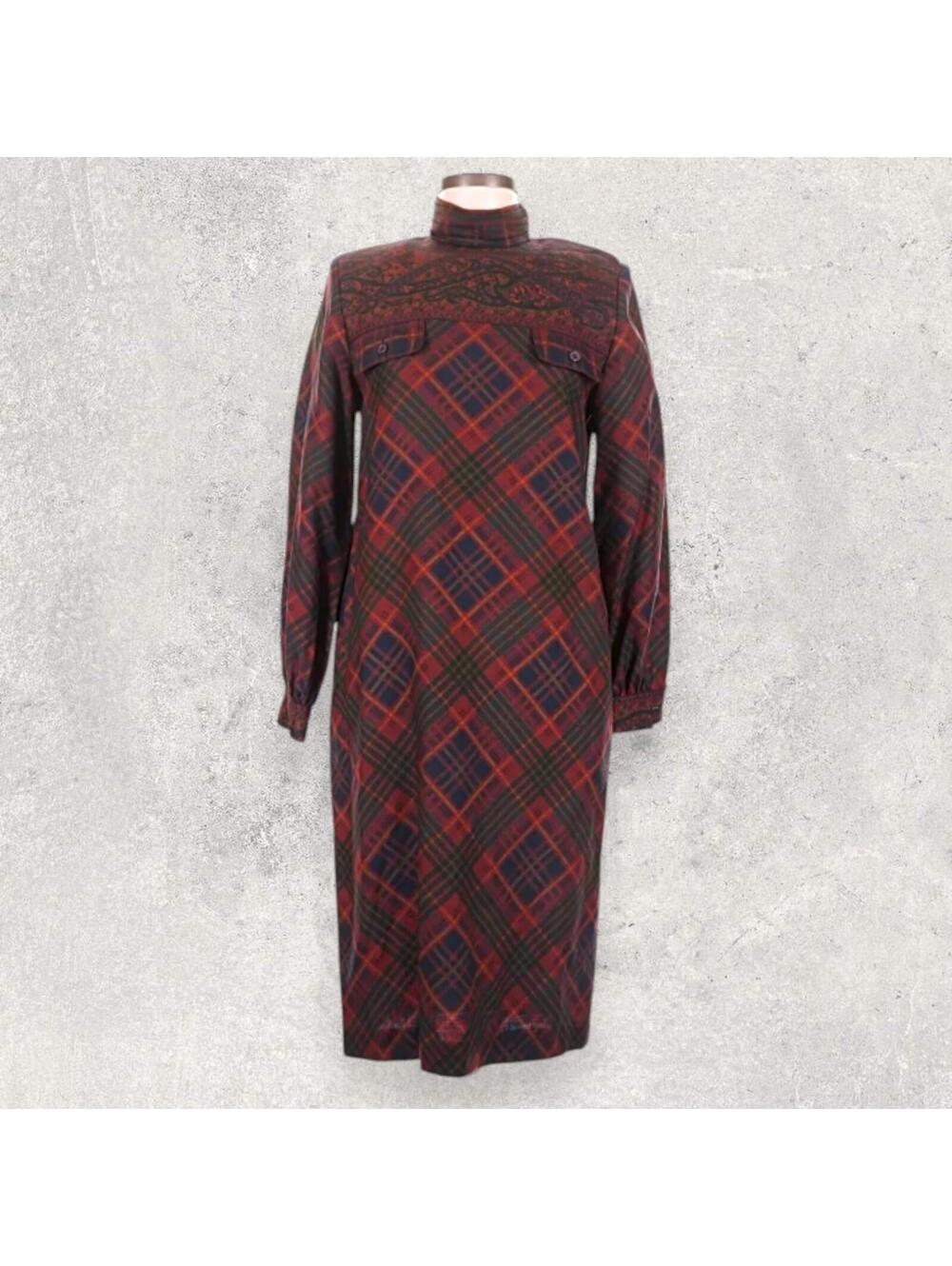 Vintage Soo Yung Lee 100% Wool Red Plaid Art to Wear Boho Sheath Dress 6